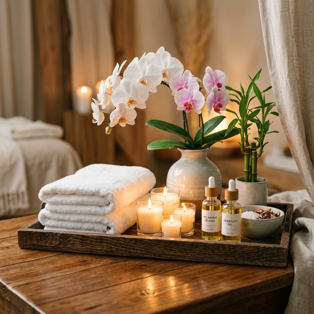 Warm candles and calming spa setting at Almarie Du Toit Massage Studio