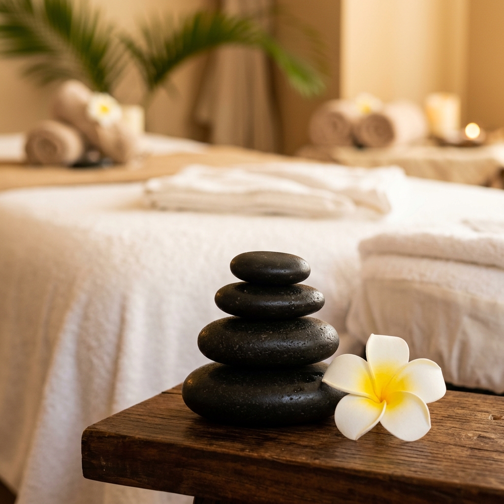 Heated volcanic basalt stones on a wooden surface at Almarie Du Toit Massage Studio